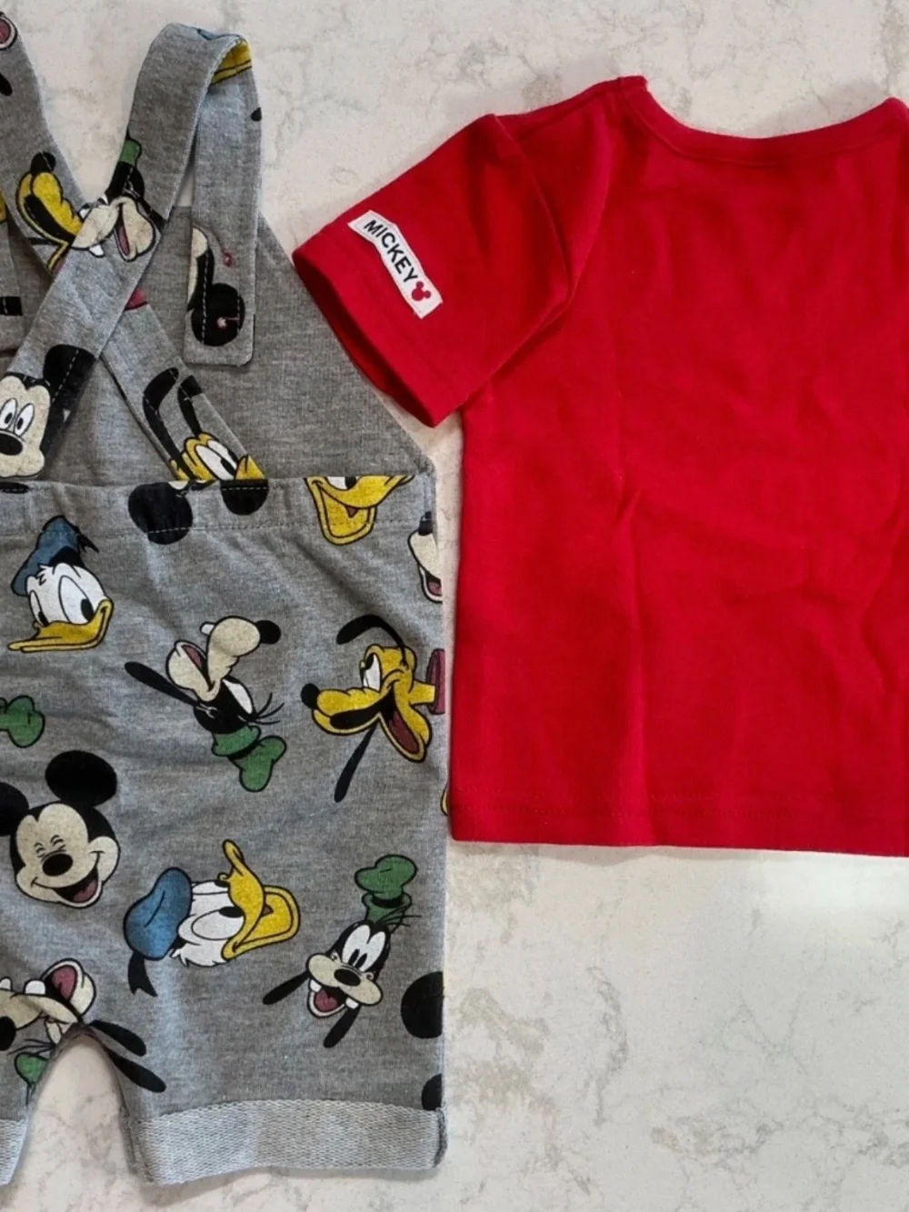Disney Mickey 3 Piece Romper Red Tee 3-6 Mo Baby Gray Multi Booties Shoes Outfit